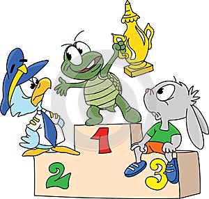 Cartoon animals on podium turtle holding the champion cup in his hands vector illustration