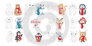 Cartoon animals set. New year collection. Coloring book pages for kids