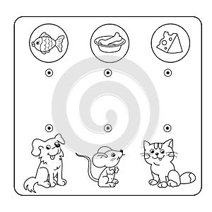 Cartoon Animals and their Favorite Food. Maze or Labyrinth Game for Preschool Children. Puzzle. Tangled Road. Matching Game