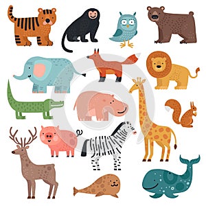 Cartoon animals. Tiger, monkey and bear, elephant and lion, crocodile and deer, hare forest and tropical cute animal