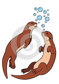 Cartoon animals. Two little cute otters swim