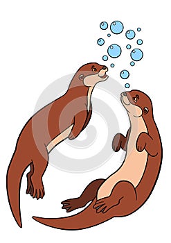 Cartoon animals. Two little cute otters swim photo