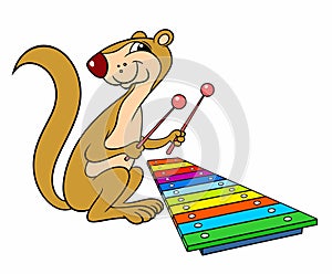 Cartoon animals. Vector color image isolated on white. Cartoon Xerus plays a colored xylophone. Xerus is a funny musician