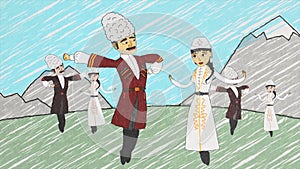 Cartoon animation with armenian men and women in national clothes dancing lezghinka in front of mountains. People moving photo