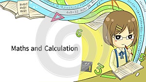 Cartoon animation background template layout of a girl student learning math, art, and science with abstract fantasy concept