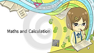 Cartoon animation background template layout of a schoolgirl student doing math and calculation homework with abstract fantasy eff