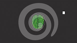 Cartoon animation of a brain as a microchip recieving signal waves on grey background. Brain head connect digital lines