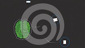 Cartoon animation of a brain as a microchip recieving signal waves on grey background. Brain head connect digital lines