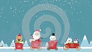 Cartoon animation character of Christmas santa reindeer and snowman in the cart moving pass winter town and mountain with snow fal