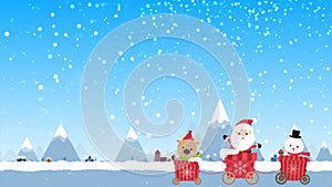 Cartoon animation character of Christmas santa reindeer and snowman in the cart moving pass winter town and mountain with snow fal