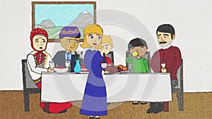 Cartoon animation with people of different nationalities and religions having a dinner together, tolerance concept