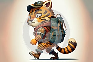 Cartoon animation of young tiger with backpack explorer.