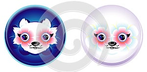 Cartoon anime face with big flowers-eyes. Funny animal white-violet muzzle in a sphere. 2 colors. Vector