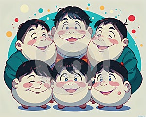 Cartoon anime smile chubby fat face happy smiling group creature