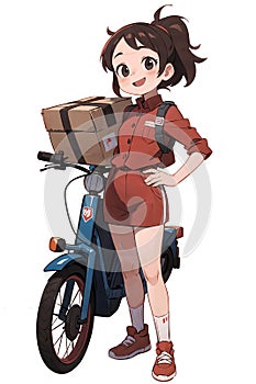 A cartoon anime style illustration of a young delivery woman carrying packages for delivery in a bag