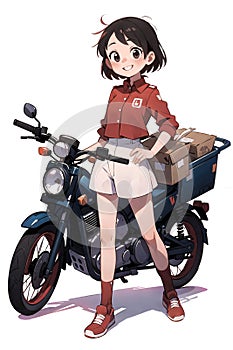A cartoon anime style illustration of a young delivery woman carrying packages for delivery in a bag