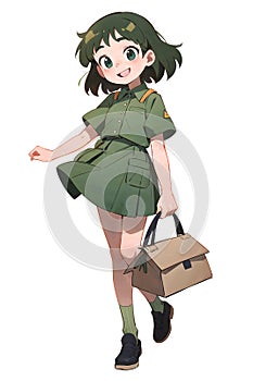 A cartoon anime style illustration of a young delivery woman carrying packages for delivery in a bag