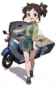 A cartoon anime style illustration of a young delivery woman carrying packages for delivery in a bag