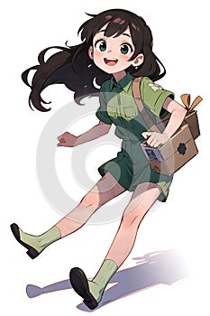 A cartoon anime style illustration of a young delivery woman carrying packages for delivery in a bag