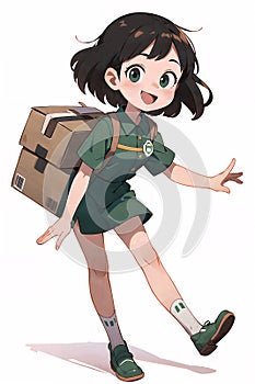 A cartoon anime style illustration of a young delivery woman carrying packages for delivery in a bag