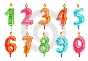 Cartoon anniversary numbers candle. Celebration cake candles burning lights, birthday number and party candle vector set