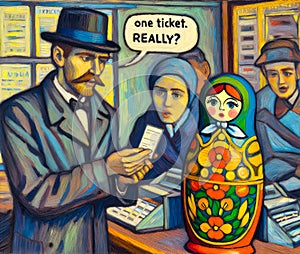 Cartoon annoyed ticket agent and a Russian matryoshka doll in front desk. The doll at the ticket agent looks surprised, public bus