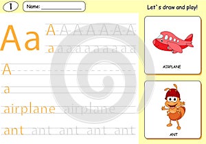 Cartoon ant and aircraft. Alphabet tracing worksheet