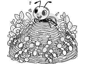 Cartoon Anthill with working ants. Children coloring book. Generative ai.