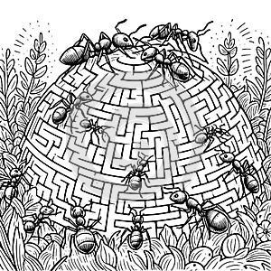 Cartoon Anthill with working ants. Children coloring book. Generative ai.
