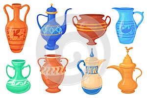 Cartoon antique jug. Ancient pitcher, traditional ornate old pot for wine or water vessel, isolated collection jugs with