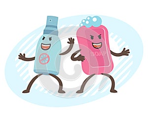 Cartoon Antiseptic Character and Soap  Character. Hygiene