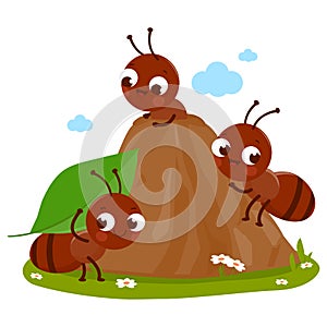 Cartoon ants in ant hill carrying food into their nest. Vector illustration