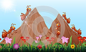 Cartoon ants colony with ant hill