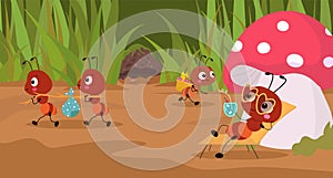 Cartoon ants working. Forest ant activity, moving and working or relaxing. Wildlife childish book or banner illustration