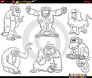 Cartoon apes and monkeys characters set coloring book page