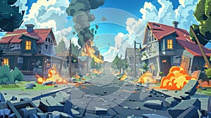 Cartoon apocalypse city road with burning building. Broken street with earthquake in ruin neighborhood. Game landscape