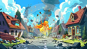 Cartoon apocalypse city road with fire building background. Apocalyptic destruction scene with world war on a broken
