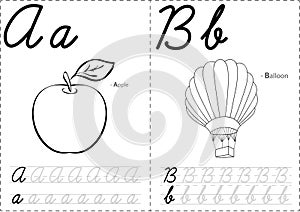 Cartoon apple and balloon. Alphabet tracing worksheet: writing A