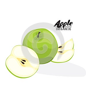 Cartoon apple. Ripe green fruit. Vegetarian delicious. Eco organic food. Flat vector design, isolated on white background.