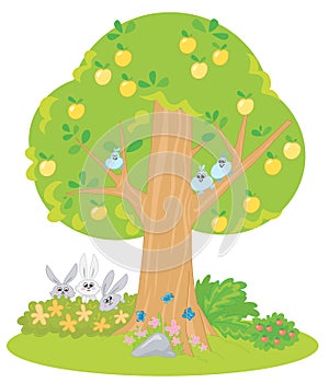 Cartoon apple tree with cute animals, vector illustration