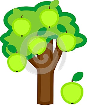 Cartoon apple tree with green apples and leaves
