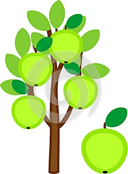 Cartoon apple tree with green apples and leaves