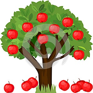 Cartoon apple tree with green crown and ripe red fallen apples isolated on white