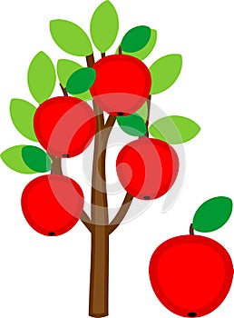 Cartoon apple tree with ripe red apples and green crown