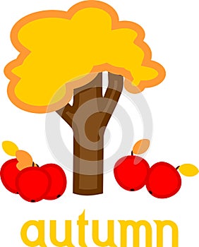 Cartoon apple tree with yellowed leaves and ripe red apples