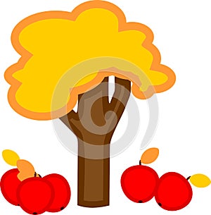 Cartoon apple tree with yellowed leaves and ripe red apples