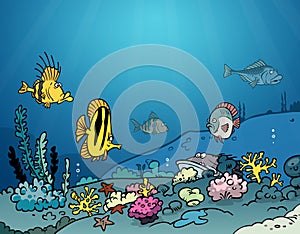 cartoon aquarium fish on the background of corals