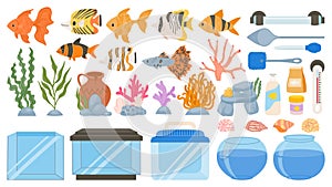 Cartoon aquarium fish, food, decoration, tank, tools and equipment. Underwater seaweeds, corals and seashells. Aquarium