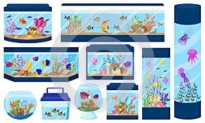 Cartoon aquariums with underwater fish, algae and corals. Aquarium underwater fish pet vector illustration set. Aquaria photo