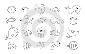 Cartoon aquatic animals. Coloring Page photo